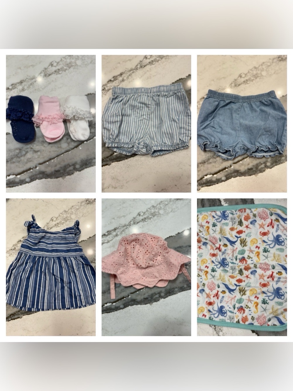 Girls hat, shorts, shirt, socks, copper pearl security blanket